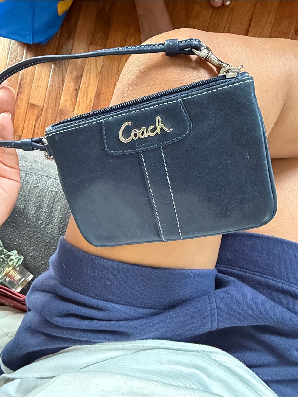 Coach Navy Leather Wristlet with Gold Logo